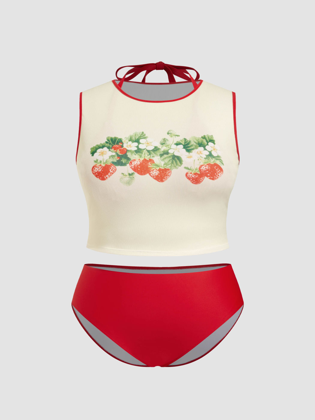 Halter Knotted Full Coverage Bikini Set With Cover Up Strawberry Top Curve & Plus
