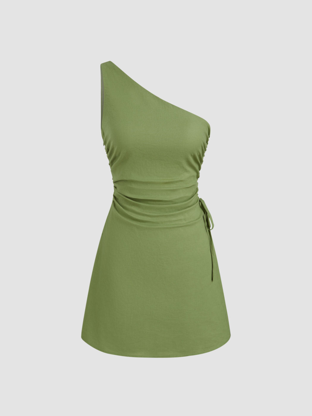 Linen-blend Asymmetrical Neck Drawstring Ruched Mini Dress