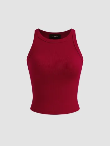 Cotton-blend Round Neckline Solid Tank Top