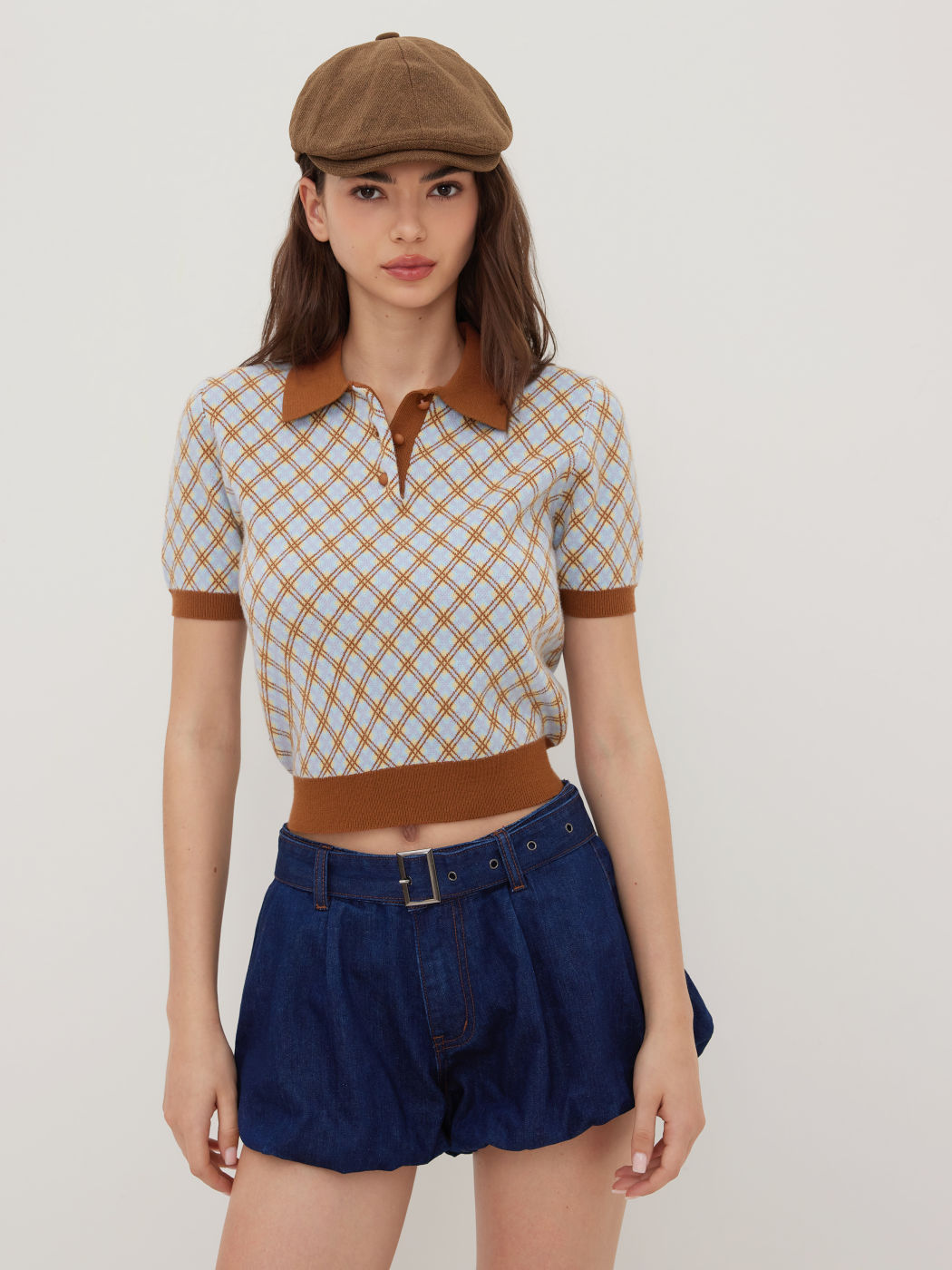 Knit Polo Check Short Sleeve Top
