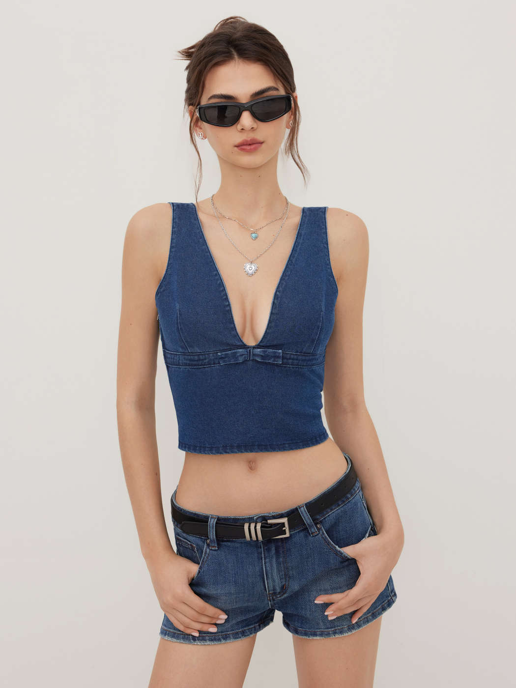 Denim Stretch Denim V-neck Bowknot Tank Top For Décontracté quotidien