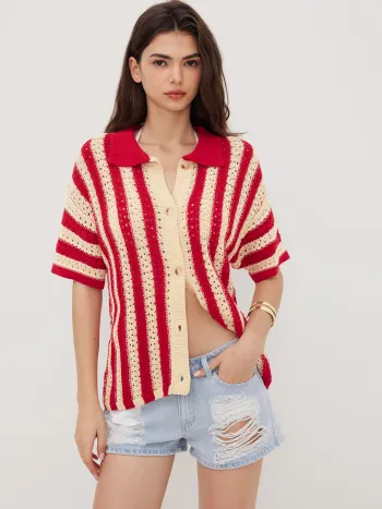 Knitted Stripe Button Hollow Out Oversized Cardigan