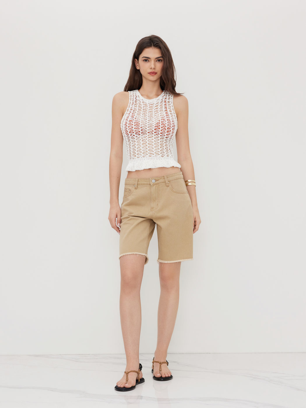 Knit Hollow Out Ruffle Hem See-through Tank Top