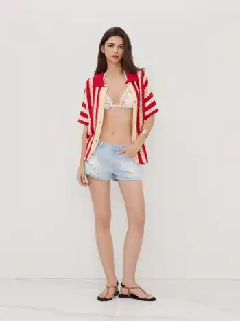 Knitted Stripe Button Hollow Out Oversized Cardigan