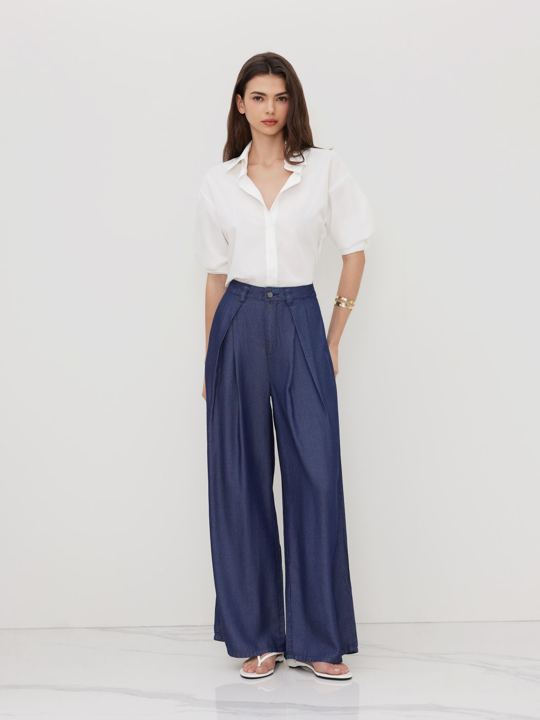 Cider Denim Mid Rise Pleated Wide Leg Jeans