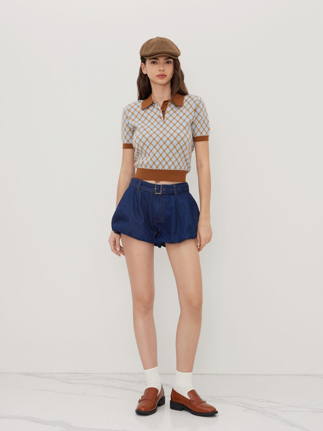 Denim Low Rise Bubble Hem Shorts With Belt