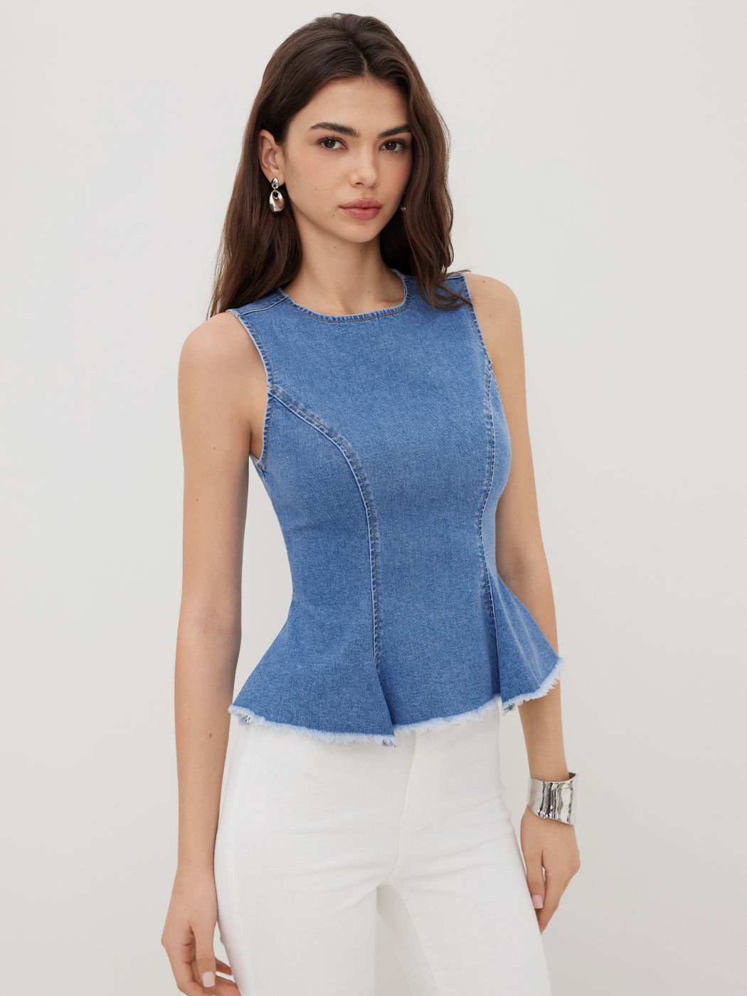 Stretch Denim Round Neckline Pleated Top