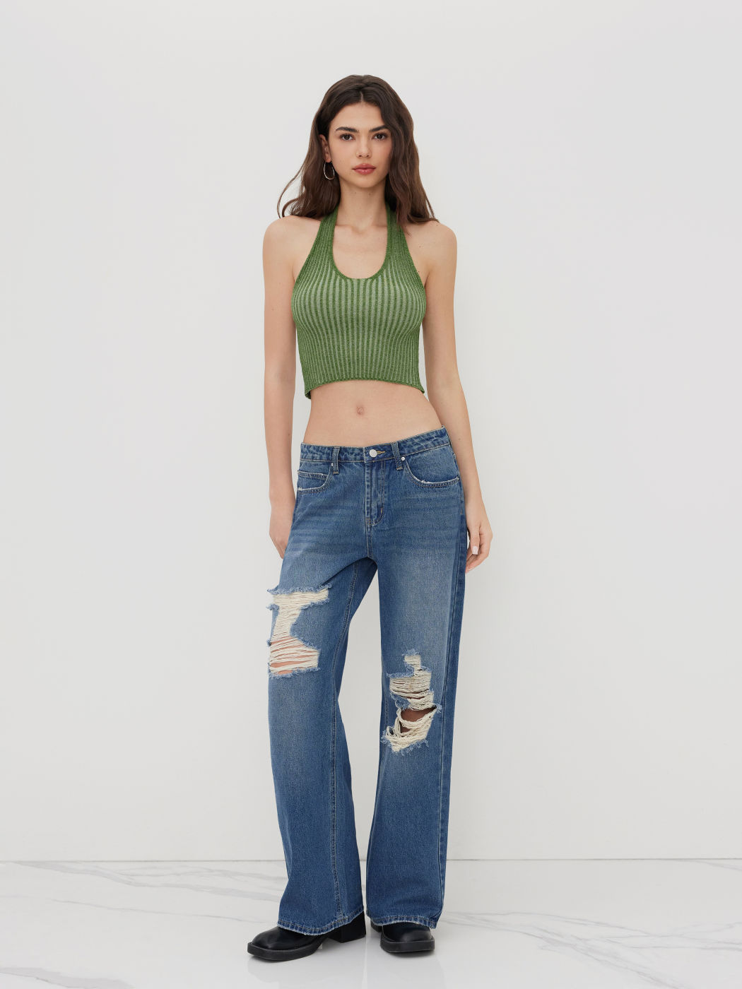 Cider Denim Low Rise Ripped Wide Leg Jeans