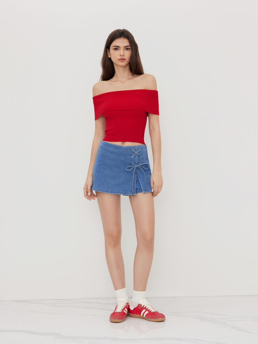 Strick-Off-shoulder-Knoten-Crop-Top