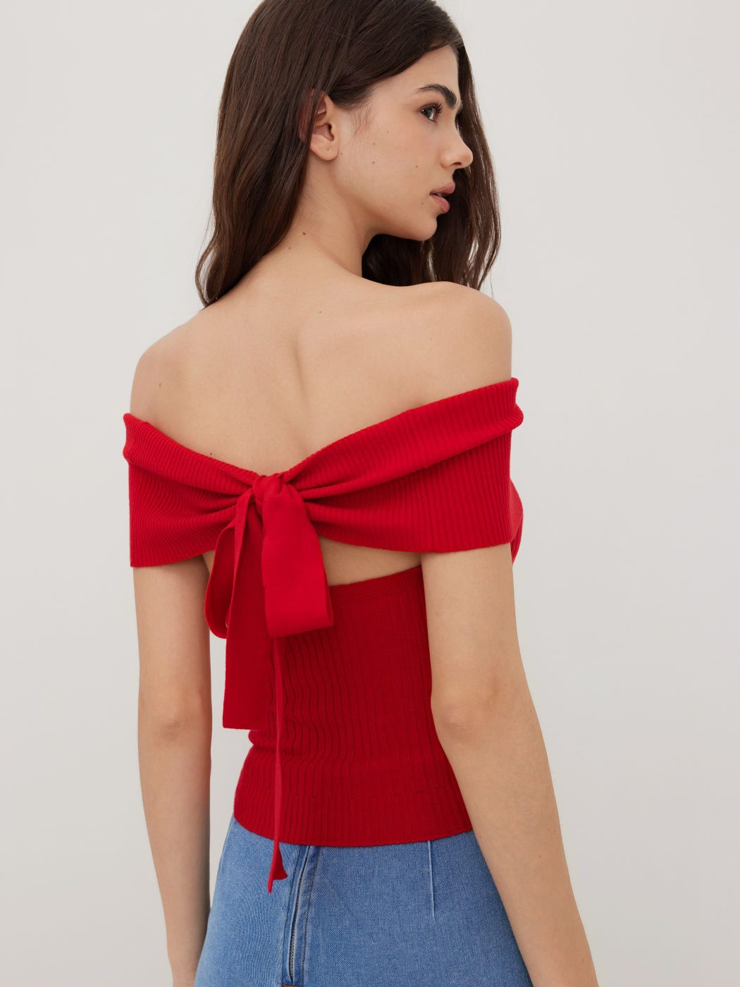 Strick-Off-shoulder-Knoten-Crop-Top