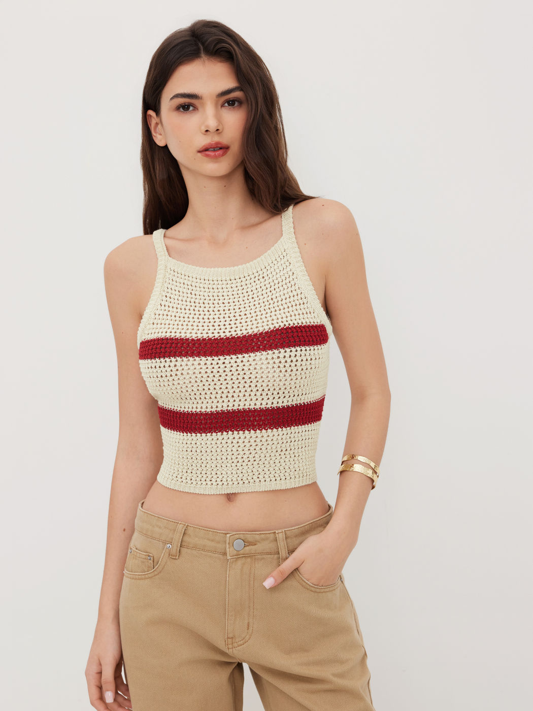 Knit Stripe Hollow Out Crop Cami Top