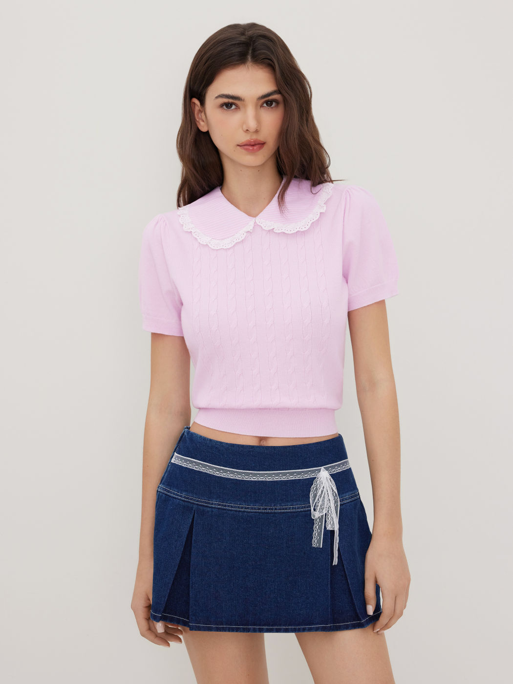 Cable Knit Peter Pan Collar Broderie Anglaise Trim Top
