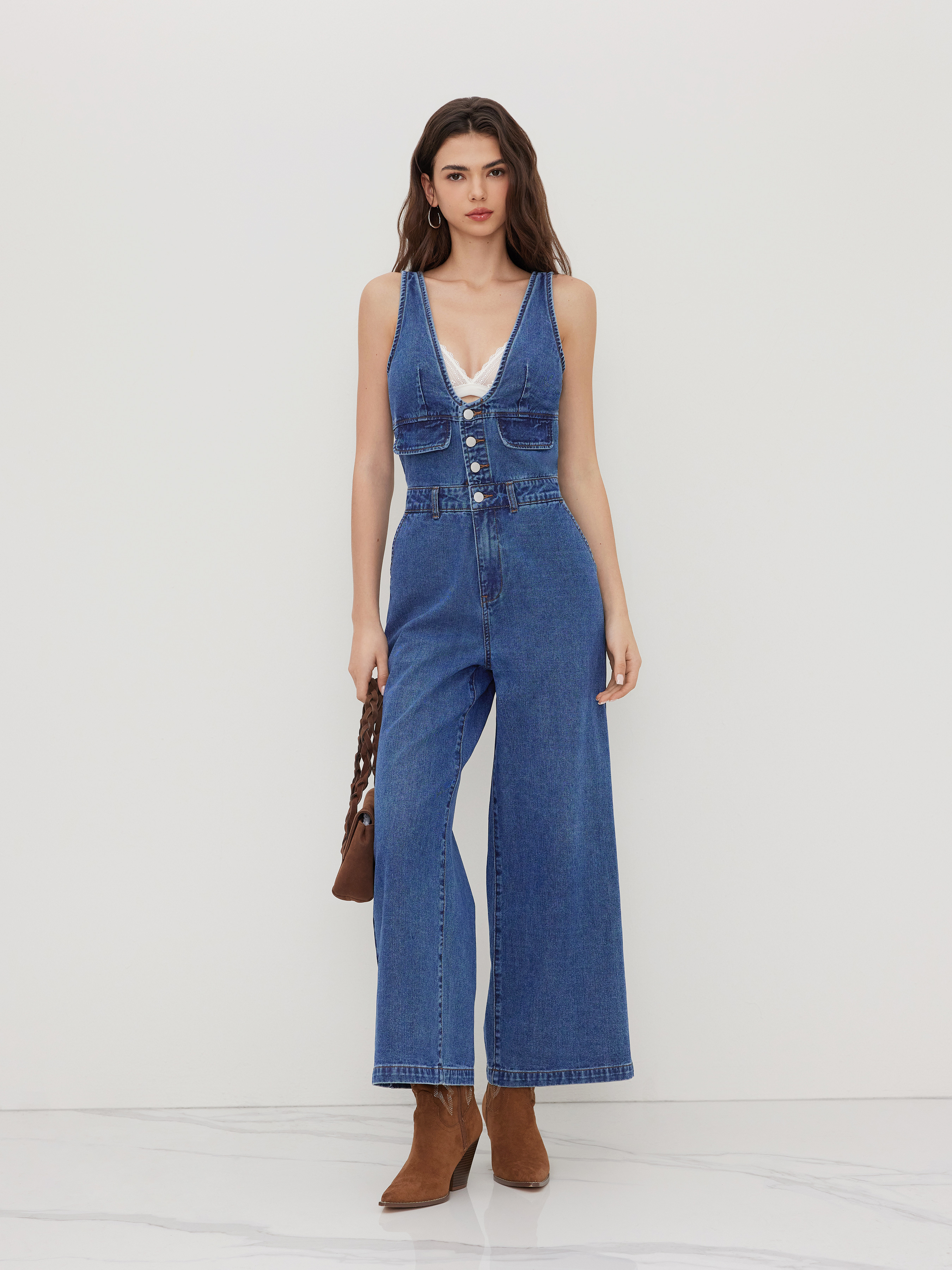E.B.M[イービーエム] Frill sleeveless denim one piece Eomenie Women's Tummy Control One Piece Swimsuit Ruffle