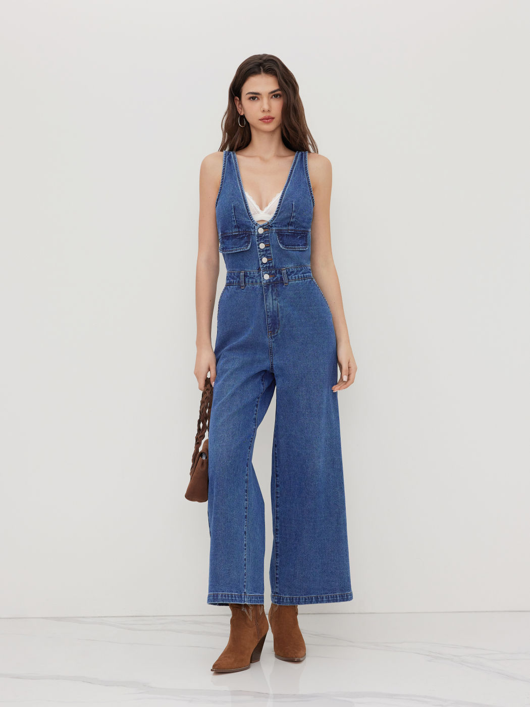 Cider Denim V-Ausschnitt Knopf Tasche Breitbeiniger Overalls