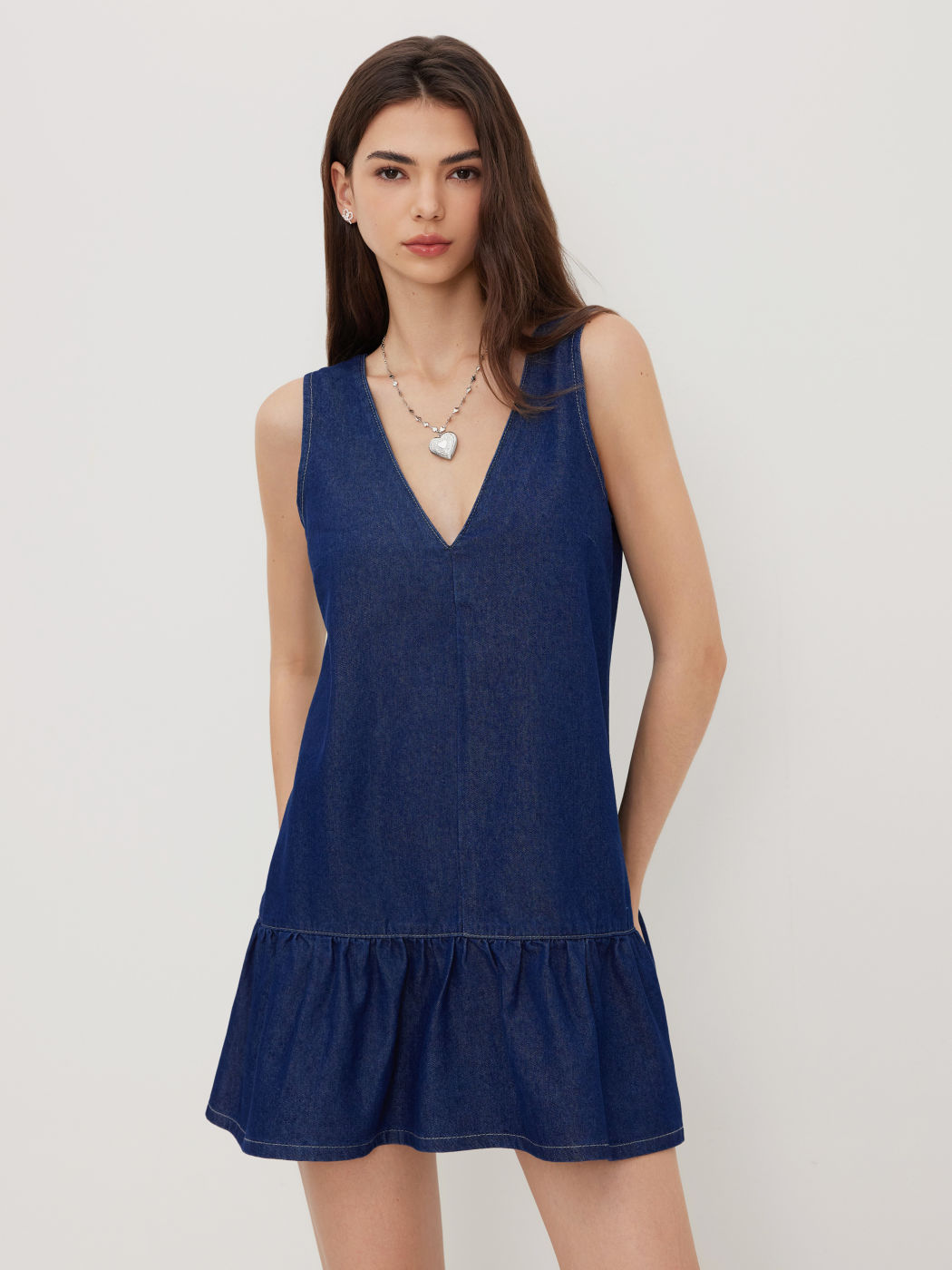 Denim V-neck Ruffle Hem Mini Dress