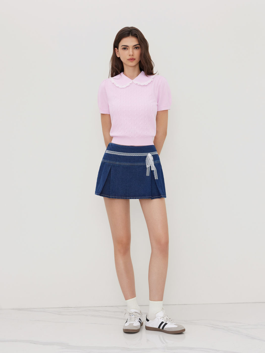 Cable Knit Peter Pan Collar Broderie Anglaise Trim Top