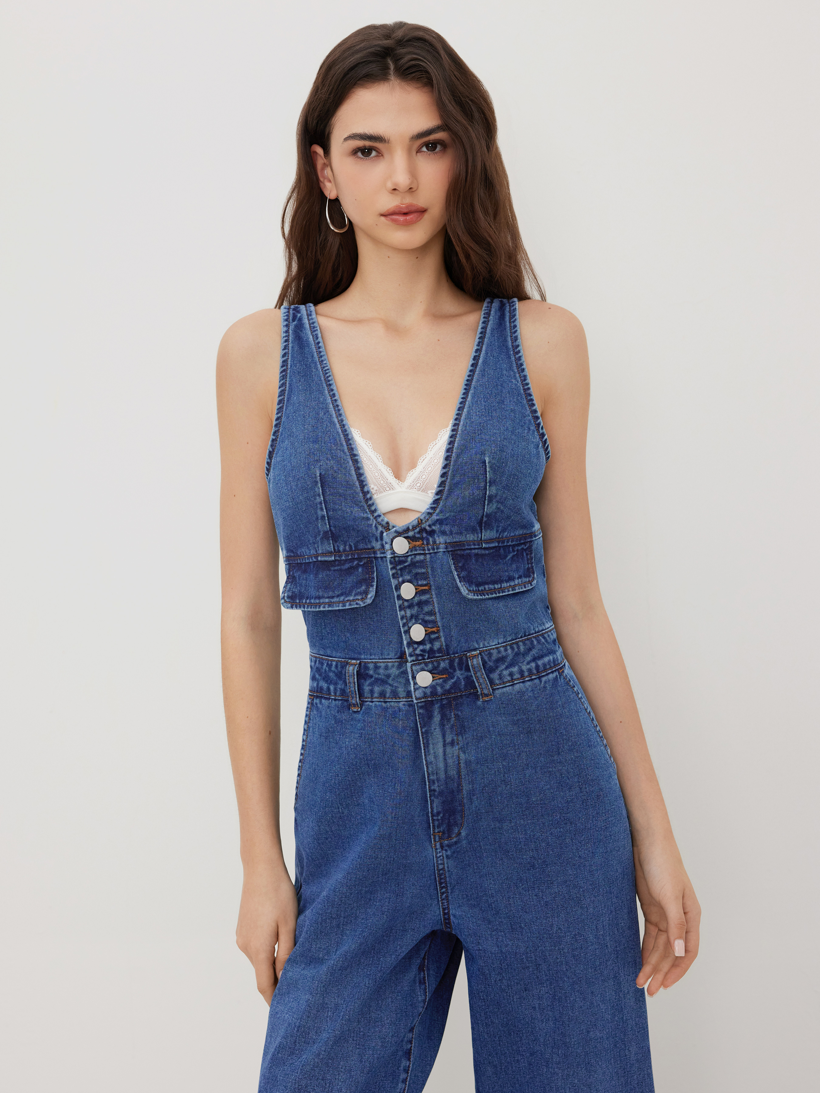 Ameri　V NECK DENIM JUMPSUIT AMERI V NECK DENIM JUMPSUIT