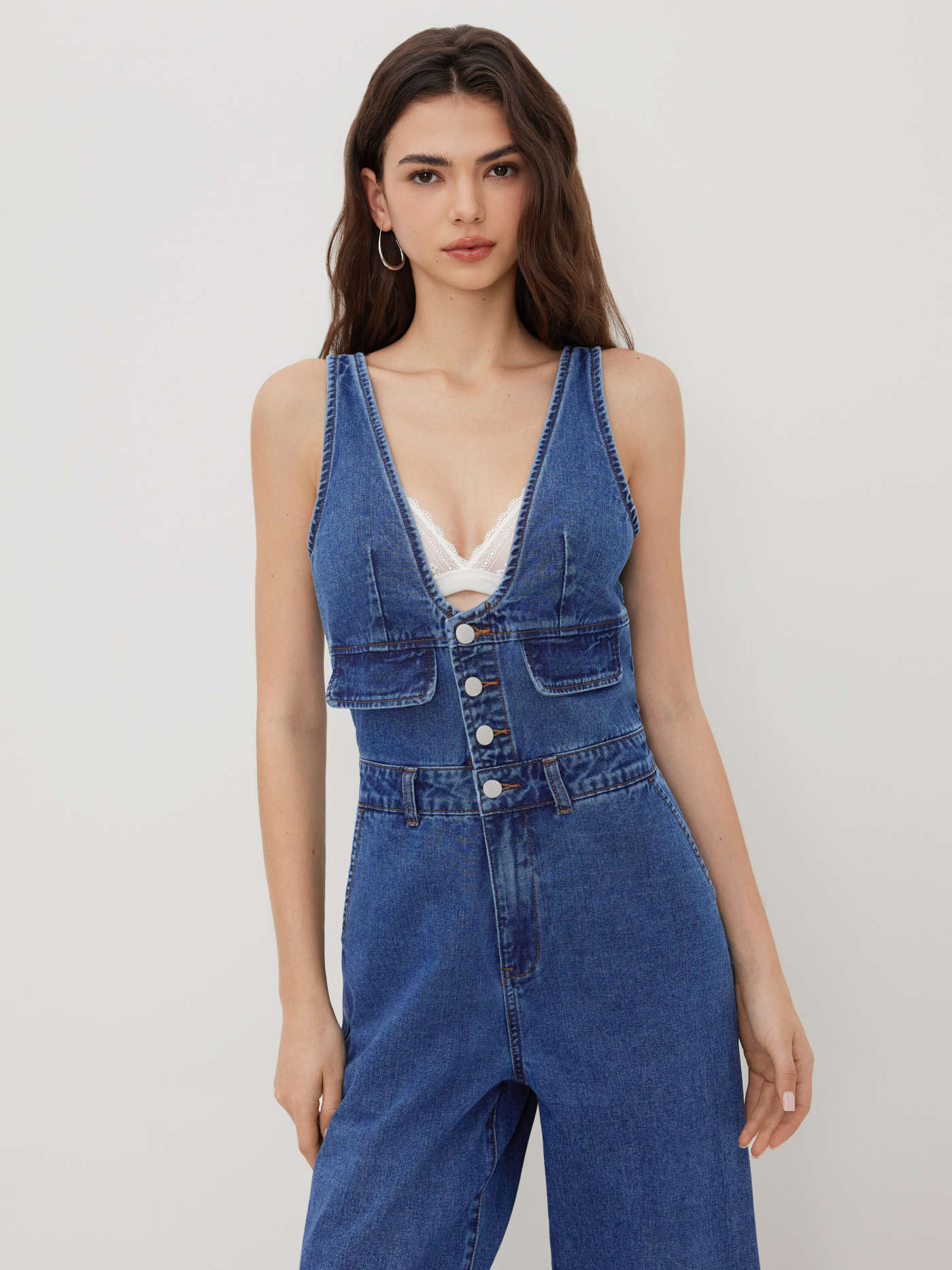 Cider Denim V-neck Button Pocket Wide Leg Jumpsuit