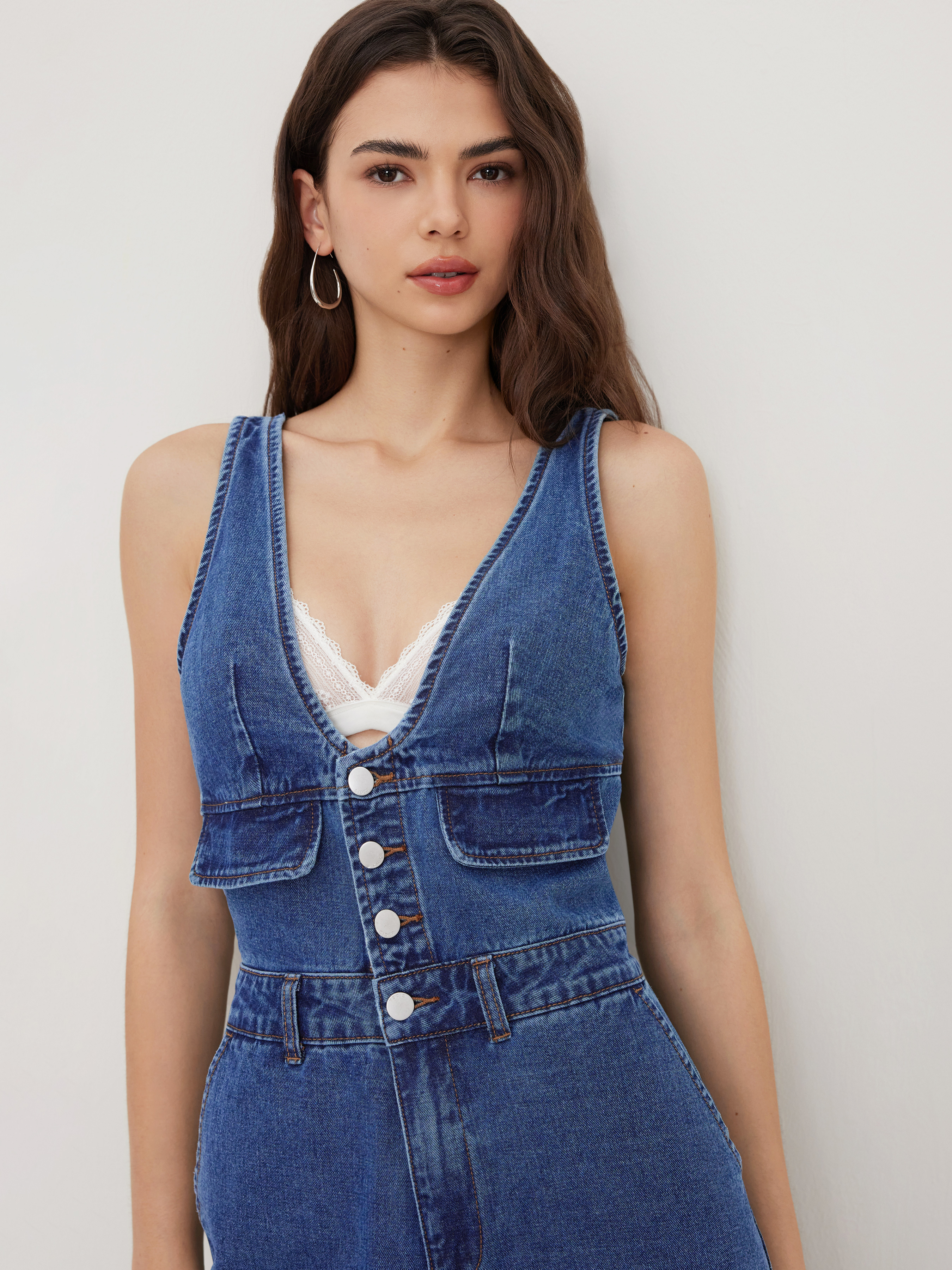 Cider Denim V-neck Button Pocket Wide Leg Jumpsuit