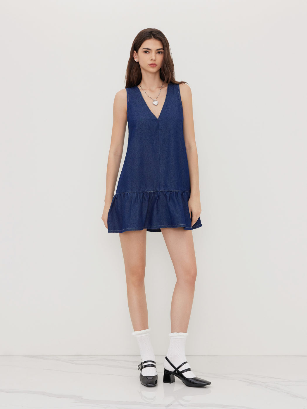 Denim V-neck Ruffle Hem Mini Dress