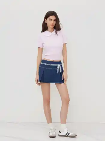 Denim Low-Rise Spitzen-Bowschlaufe Riffel-Mikrominiskirt