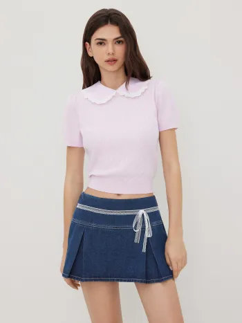 Denim Low-Rise Spitzen-Bowschlaufe Riffel-Mikrominiskirt