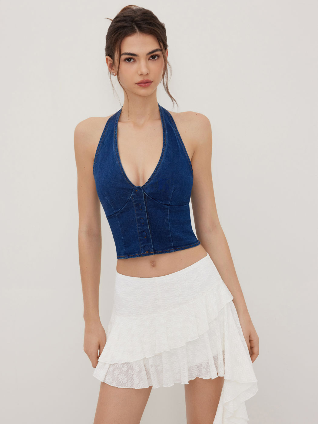 Stretch Denim Halter V-neck Button Crop Top