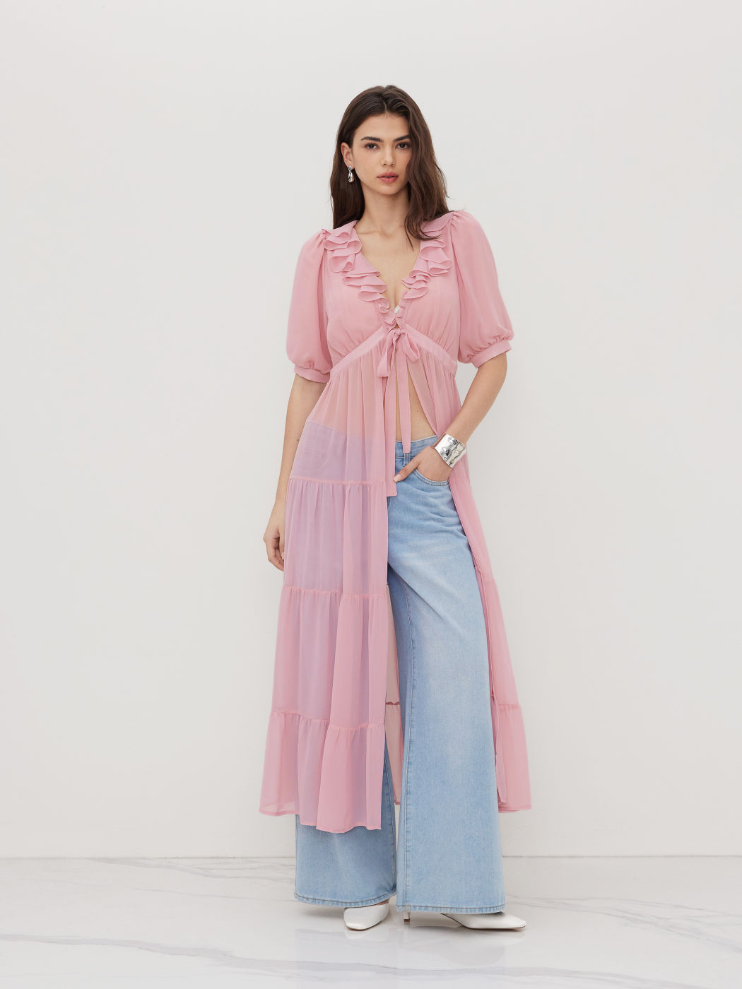 Chiffon V-neck Lantern Sleeve Lettuce Trim Knotted Midi Dress