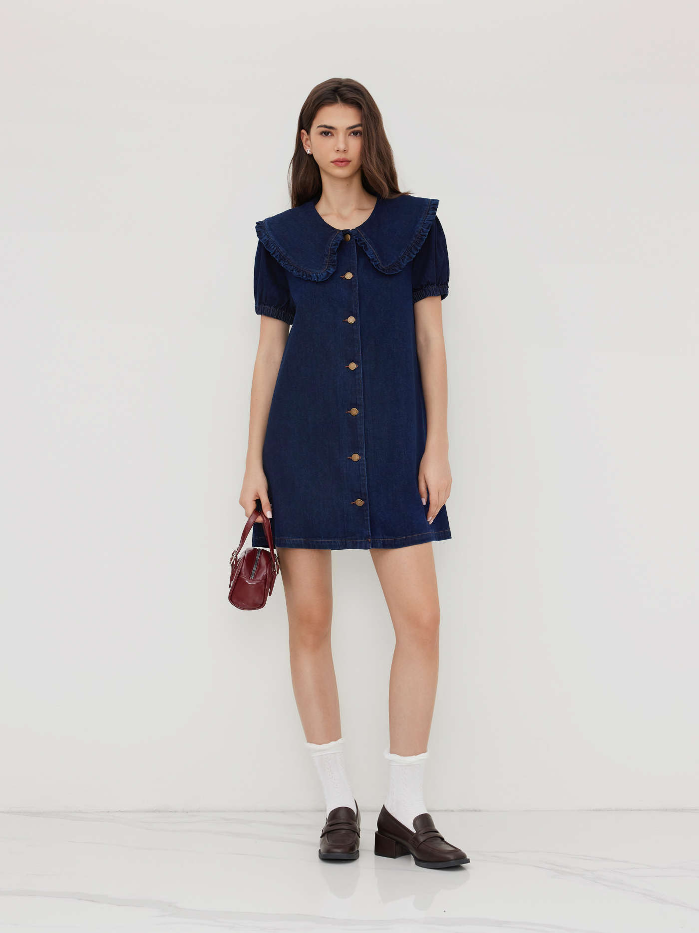 Denim Peter Pan Collar Button Through Smock Puff Sleeve Mini Dress