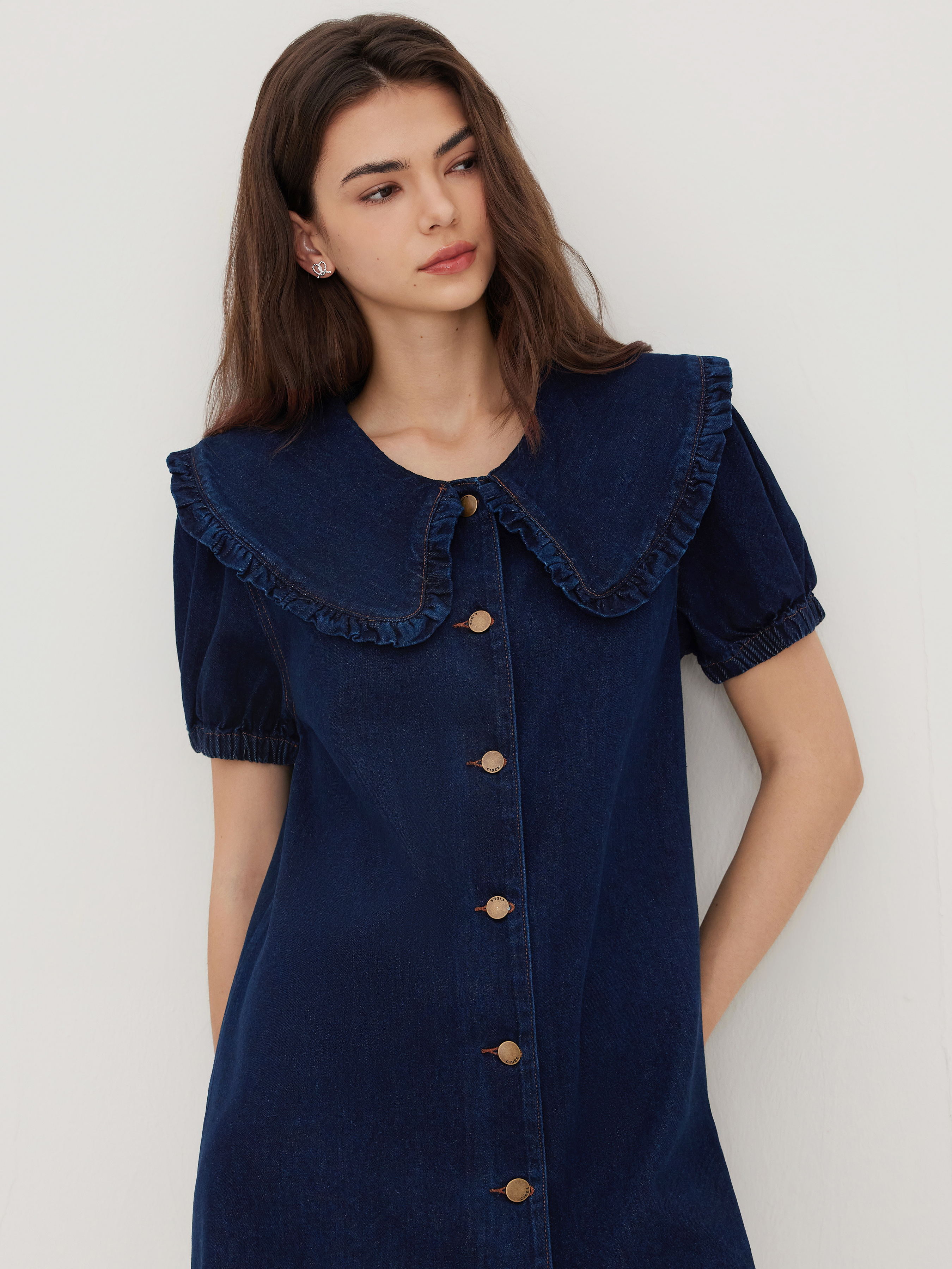 Denim Peter Pan Collar Button Through Smock Puff Sleeve Mini Dress