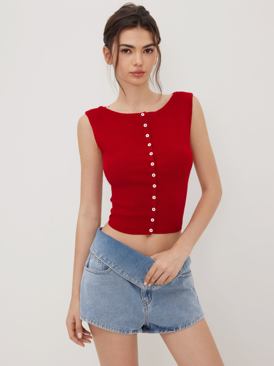 Knit Boat Neck Button Through Crop Vest