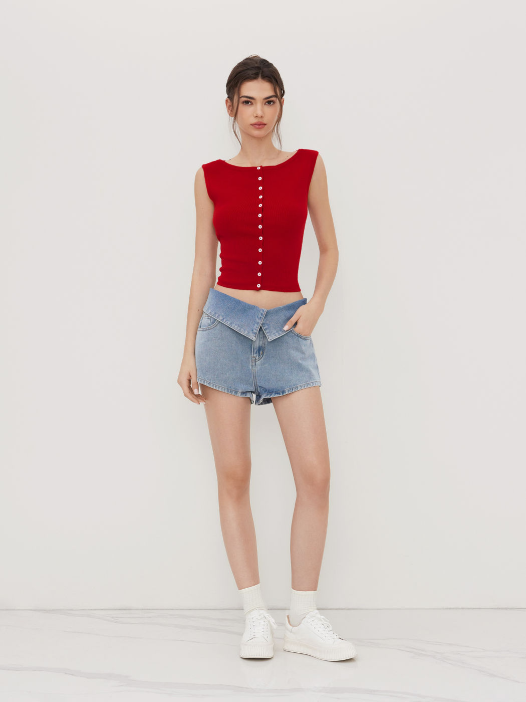 Knit Boat Neck Button Through Crop Vest