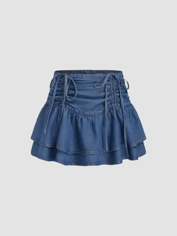 Denim Mid Rise Drawstring Layered Mini Skirt