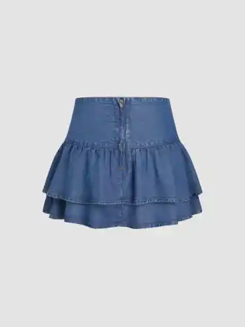 Denim Mid Rise Drawstring Layered Mini Skirt