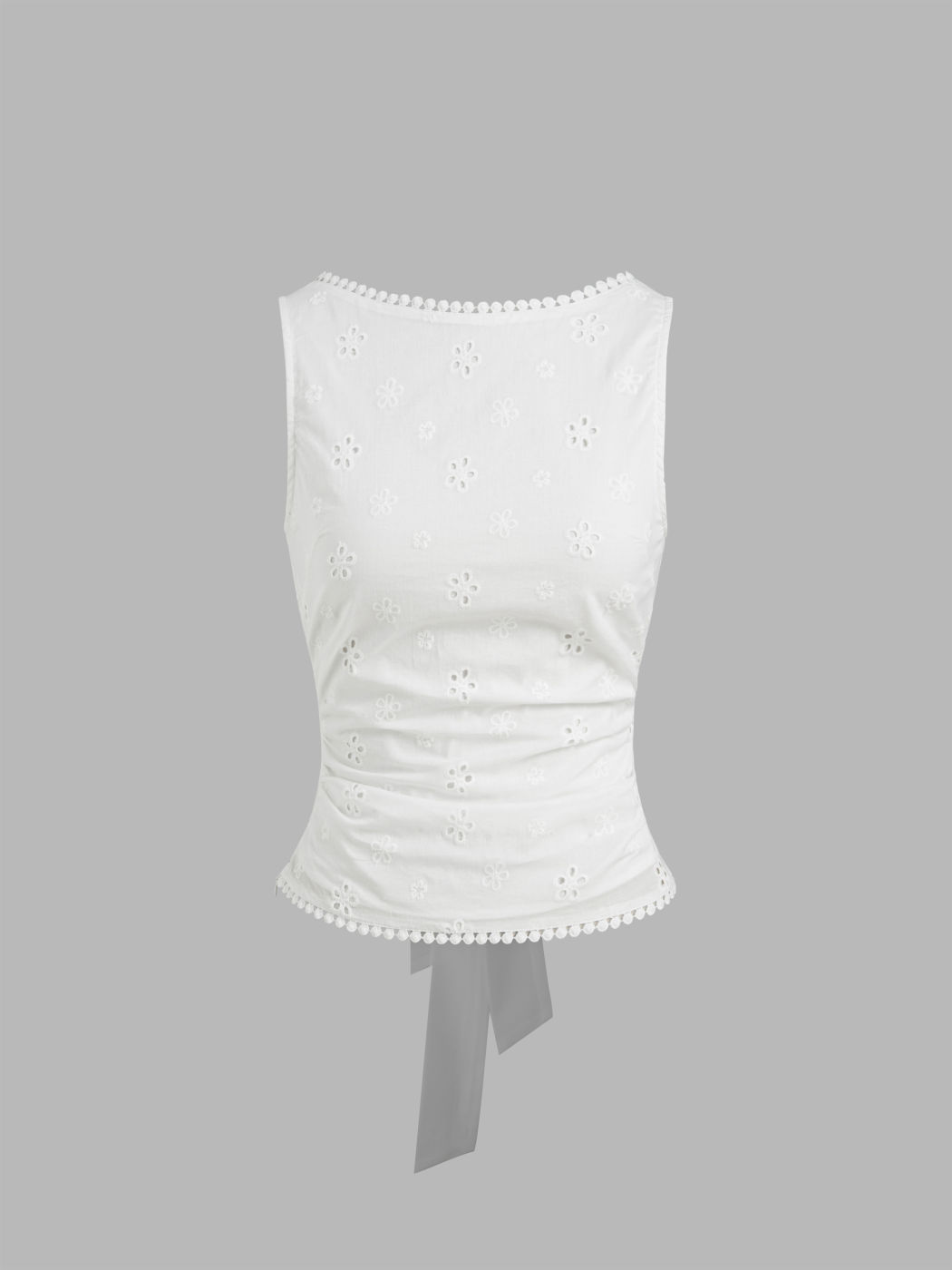 Cotton-blend Boat Neck Broderie Anglaise Tie Back Knotted Top