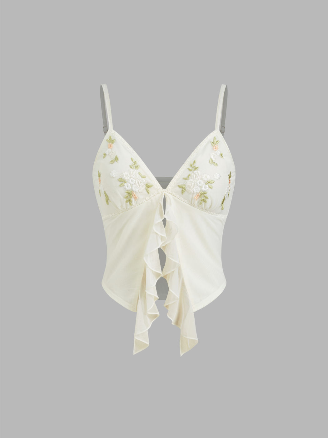 Mesh V-Ausschnitt Blumenstickerei Spitzenrand Camisole Oberteil