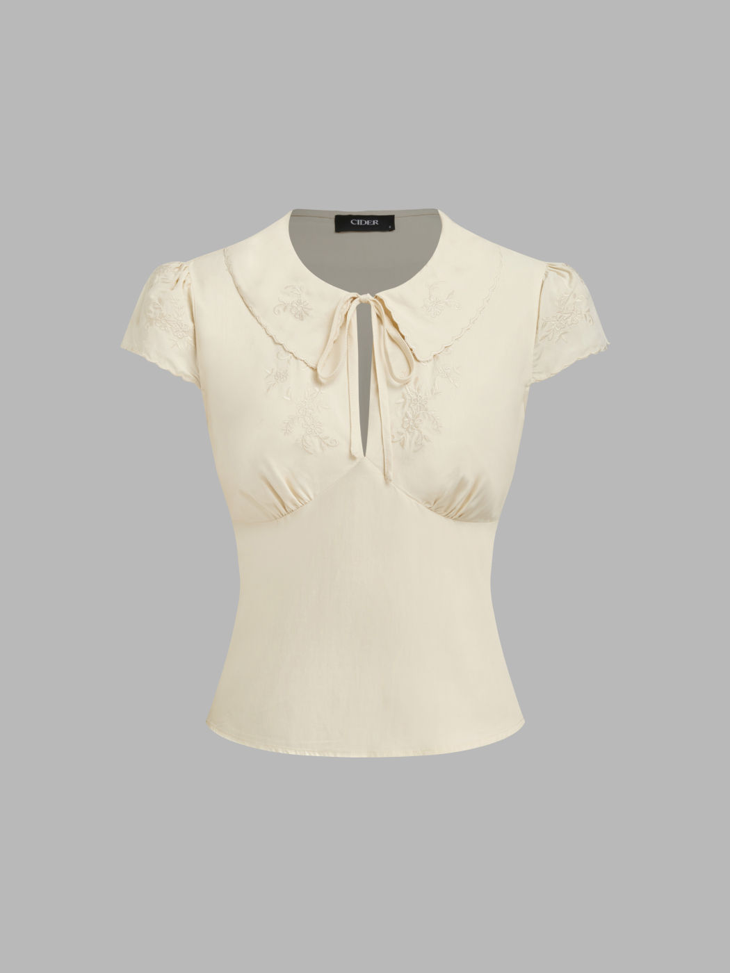Embroidery Cut Out Knotted Short Sleeve Blouse