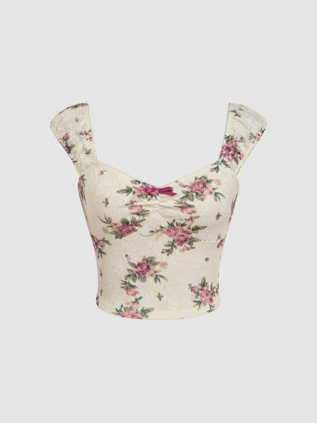 Mesh V-neck Floral Bow Lace Tee