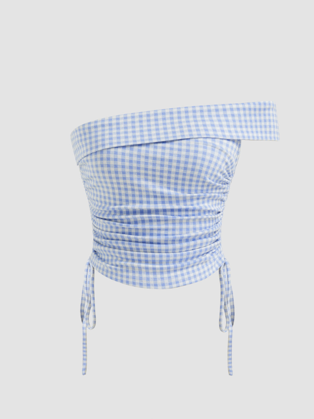 Asymmetrical Fold Over Neck Gingham Drawstring Bandeau Top