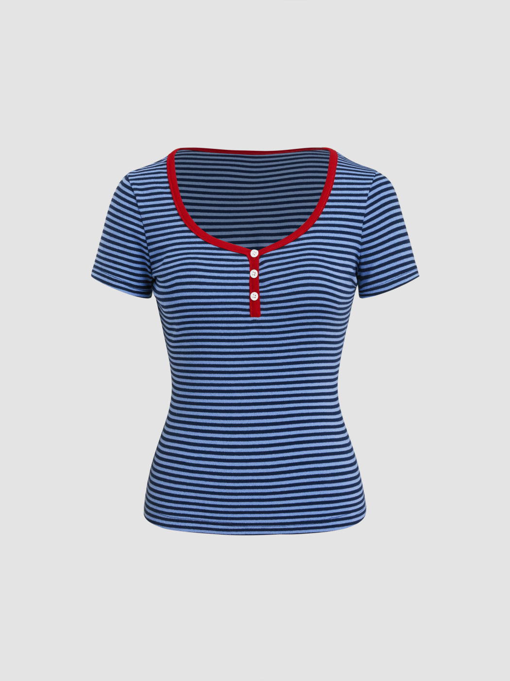 Round Neckline Stripe Button Contrasting Binding Tee