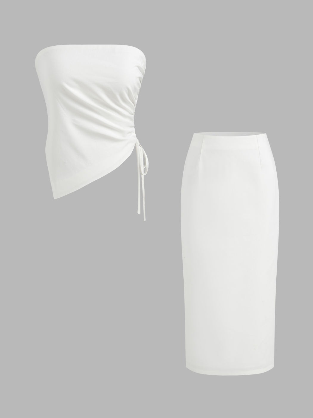 Linen-blend Drawstring Asymmetrical Hem Bandeau Top & Mid Rise Split Maxi Skirt Set