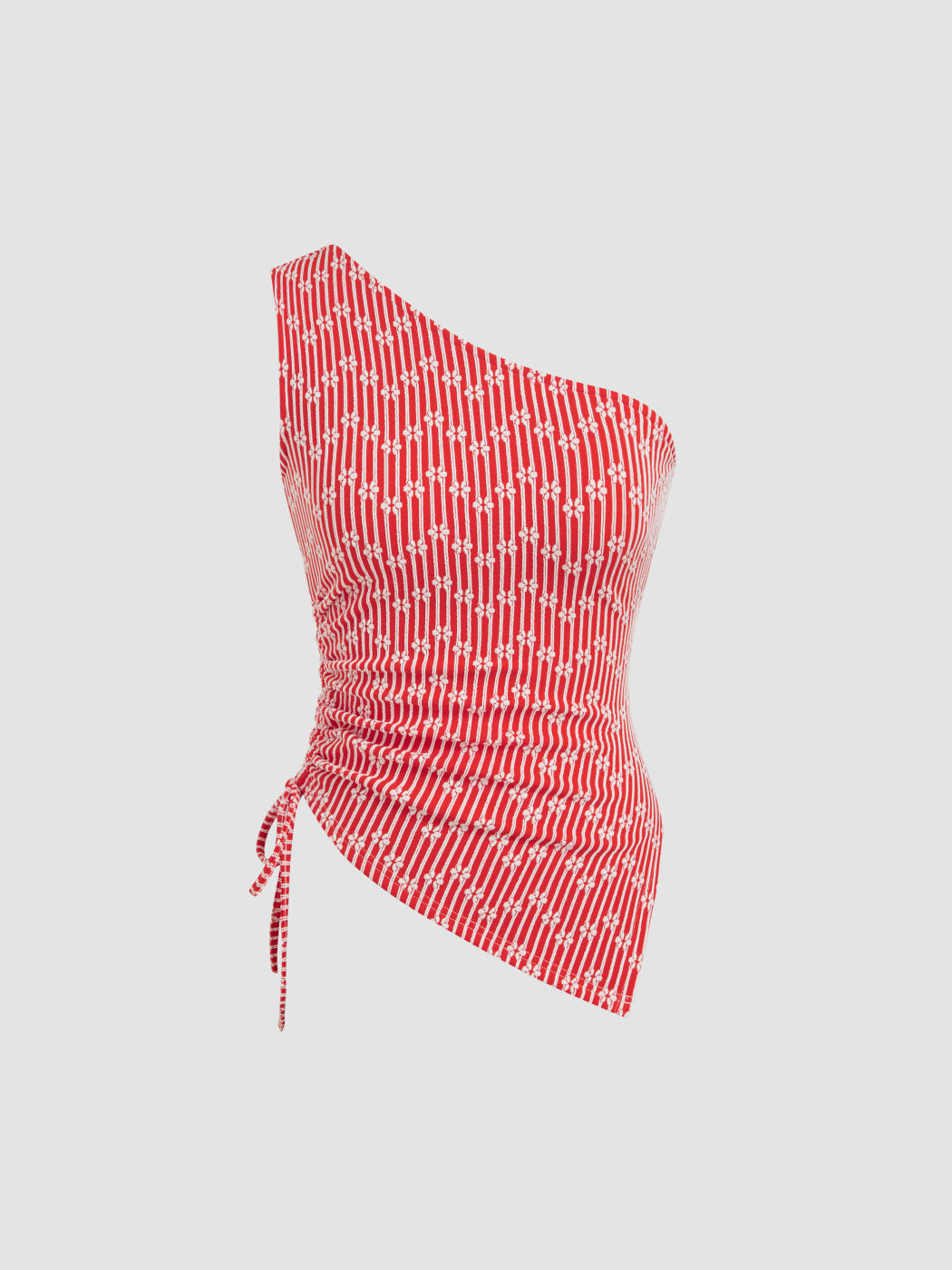 Jacquard Asymmetrical Neck Floral Stripe Drawstring Tank Top