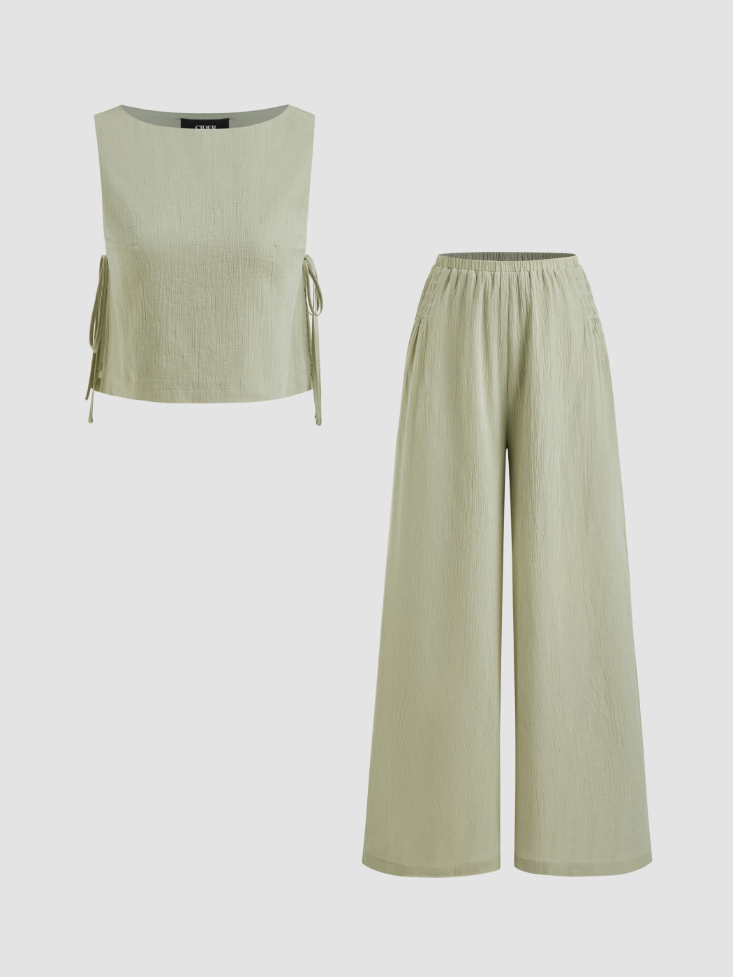 Cotton-blend Boat Neck Knotted Top With Shirred Straight Leg Trousers Set