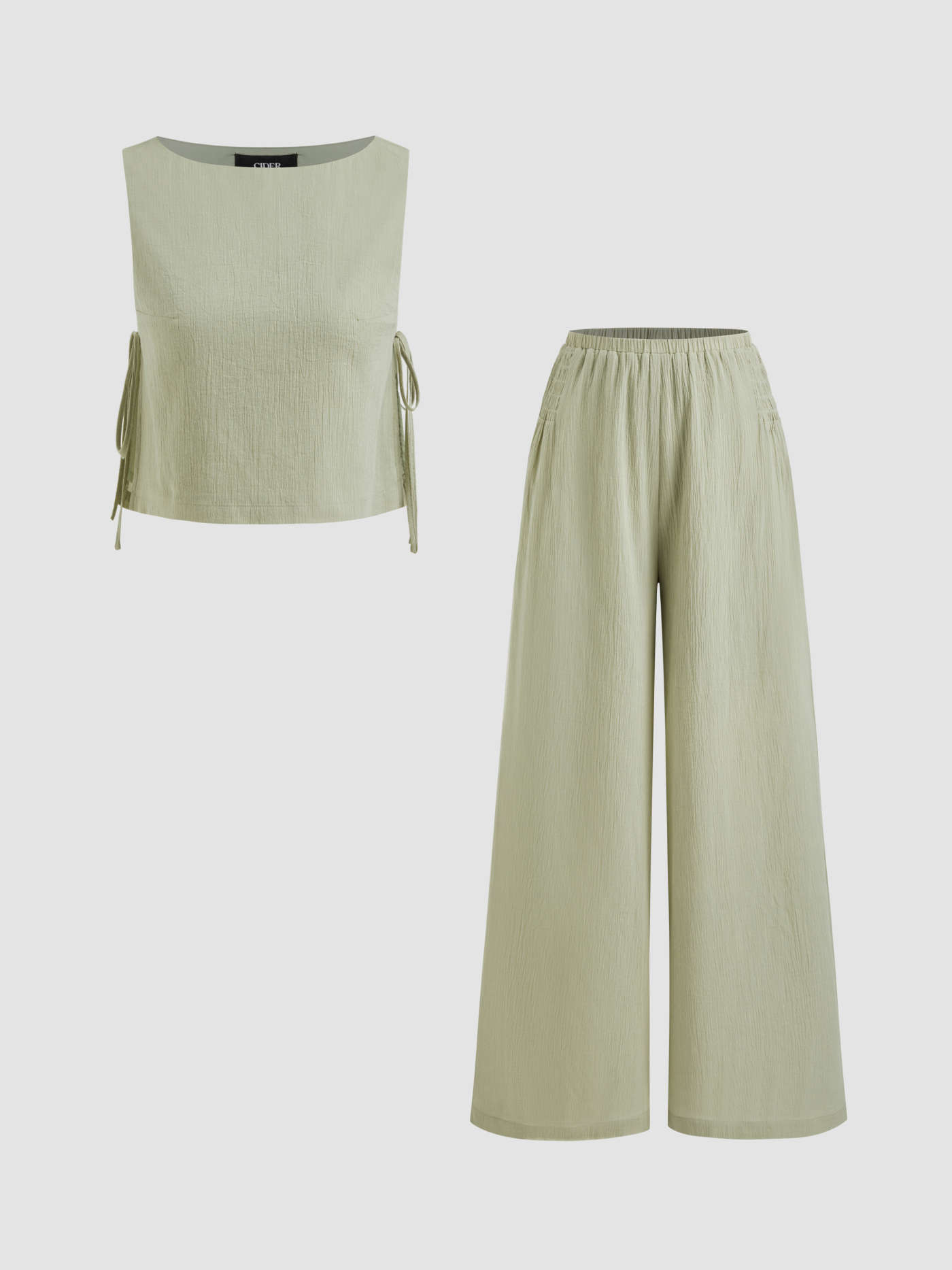 Cotton-blend Boat Neck Knotted Top With Shirred Straight Leg Trousers Set