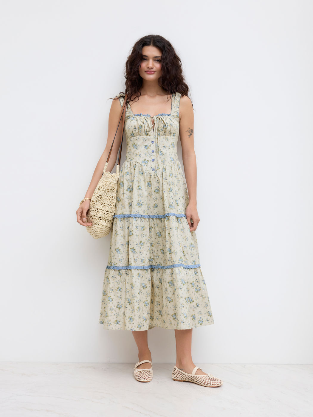 Cotton Ditsy Floral Contrasting Binding knotted Shirred Tiered Maxi Dress