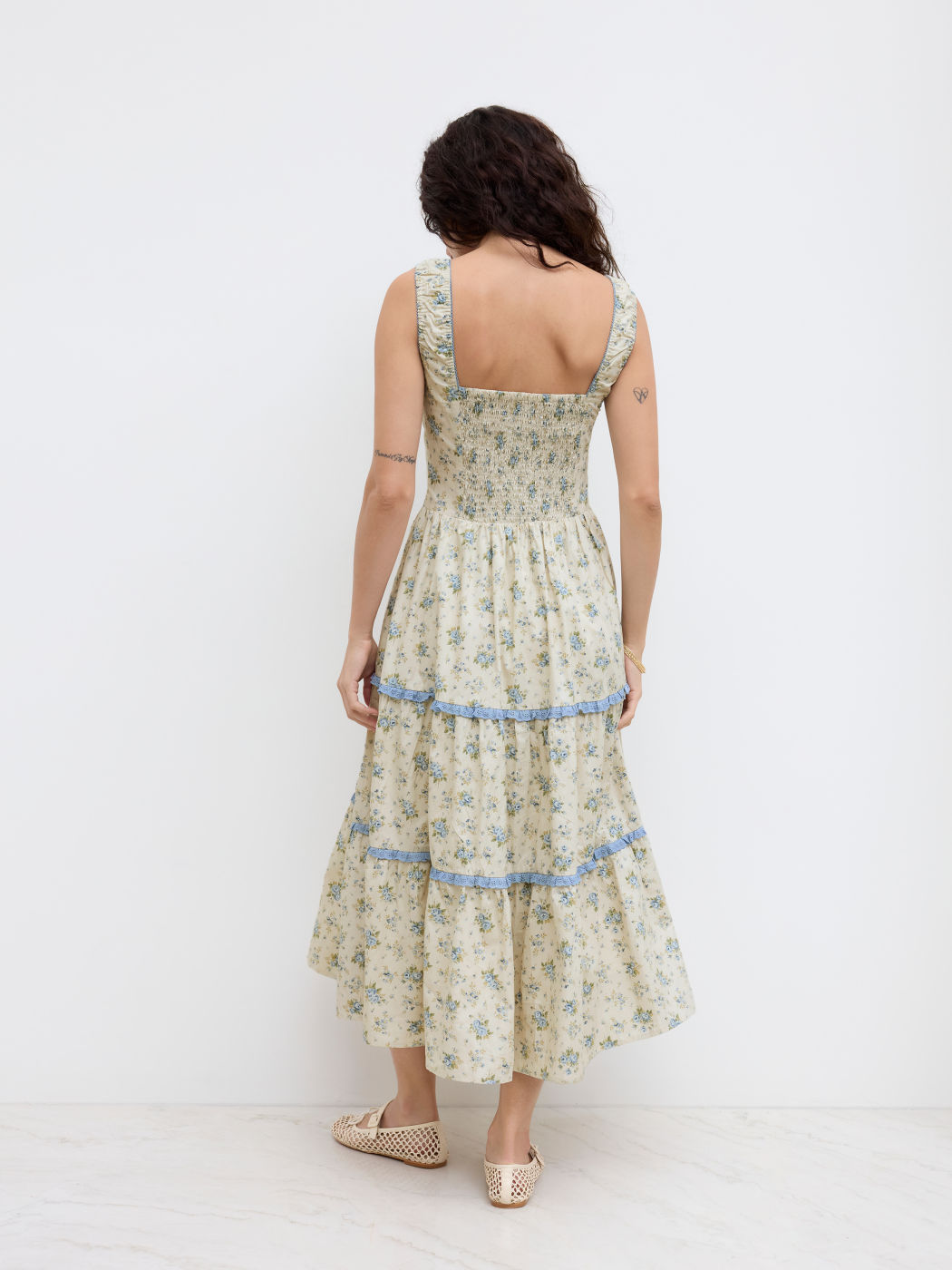 Cotton Ditsy Floral Contrasting Binding knotted Shirred Tiered Maxi Dress