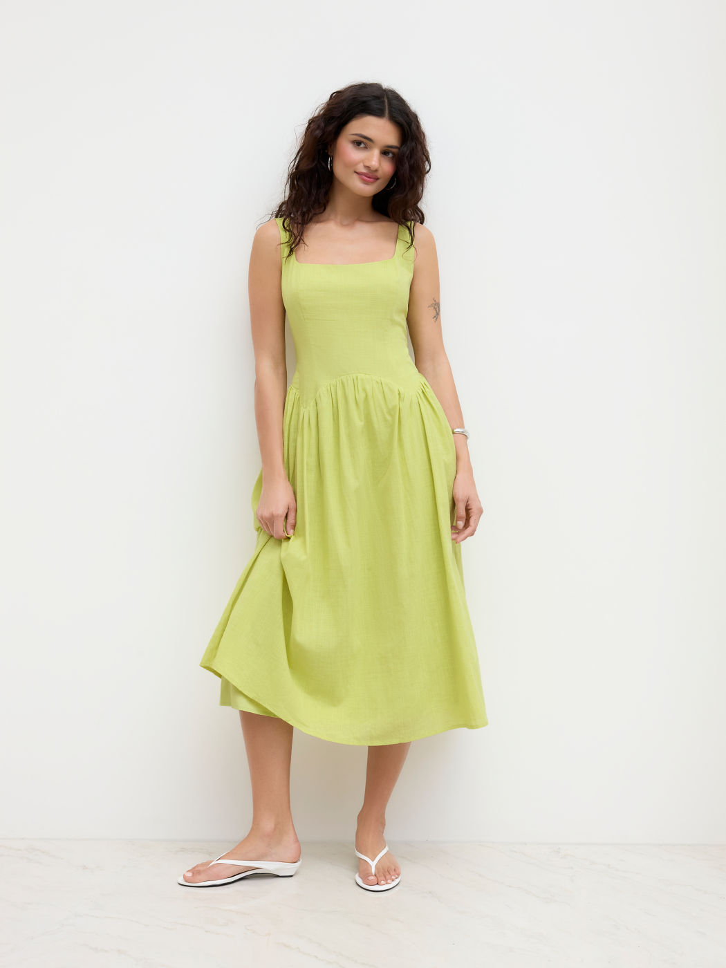 100% Cotton Square Neck Ruffle Cami Midi Dress