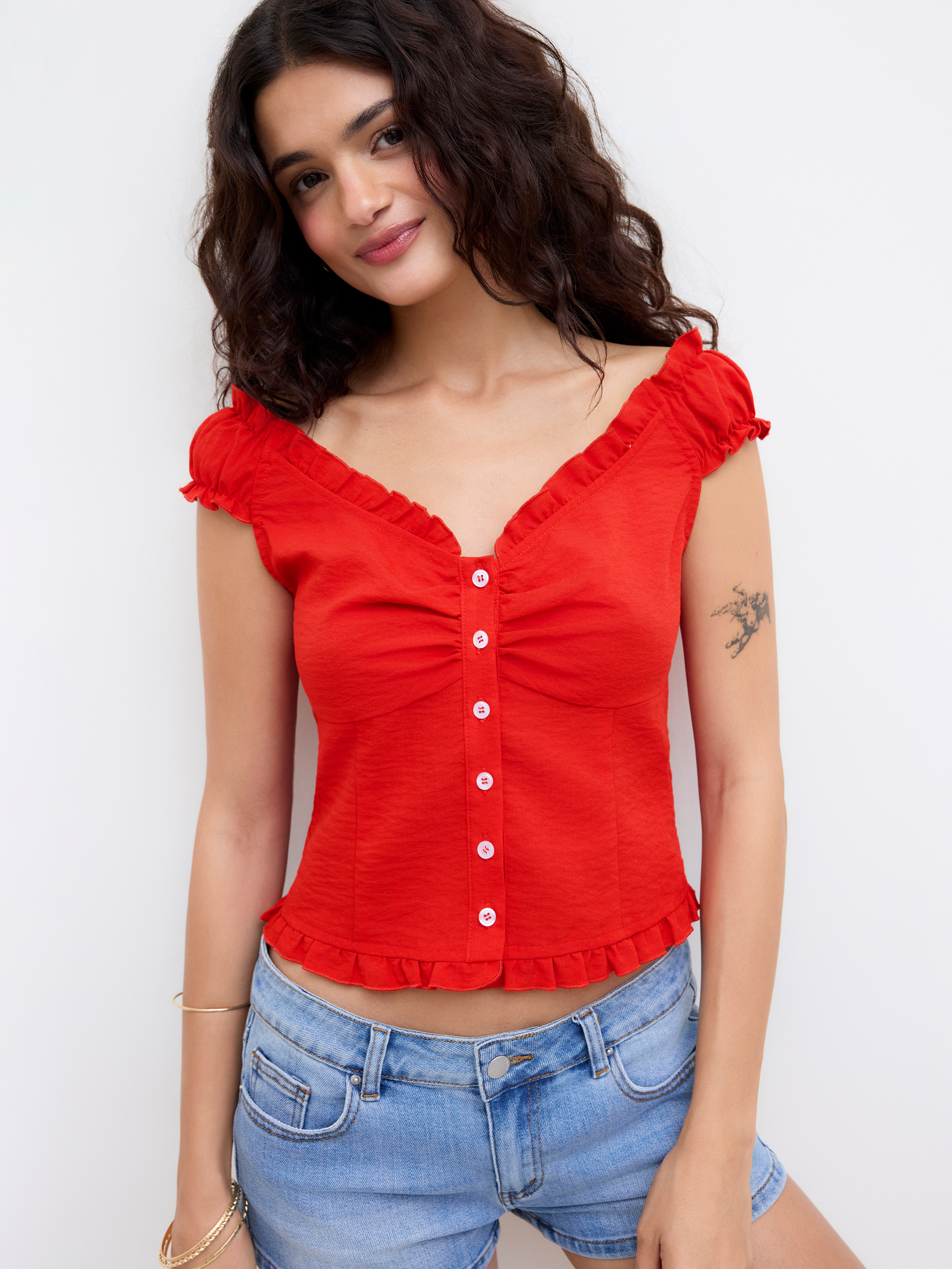 Sweetheart Lettuce Trim Shirred Blouse