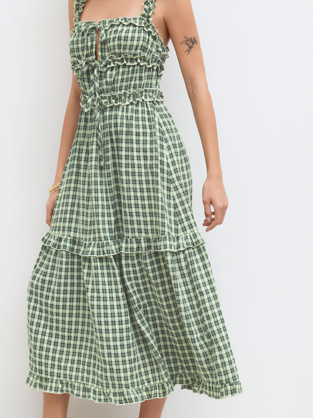 Square Neck Check Lettuce Trim Ruffle Tie Front Maxi Dress