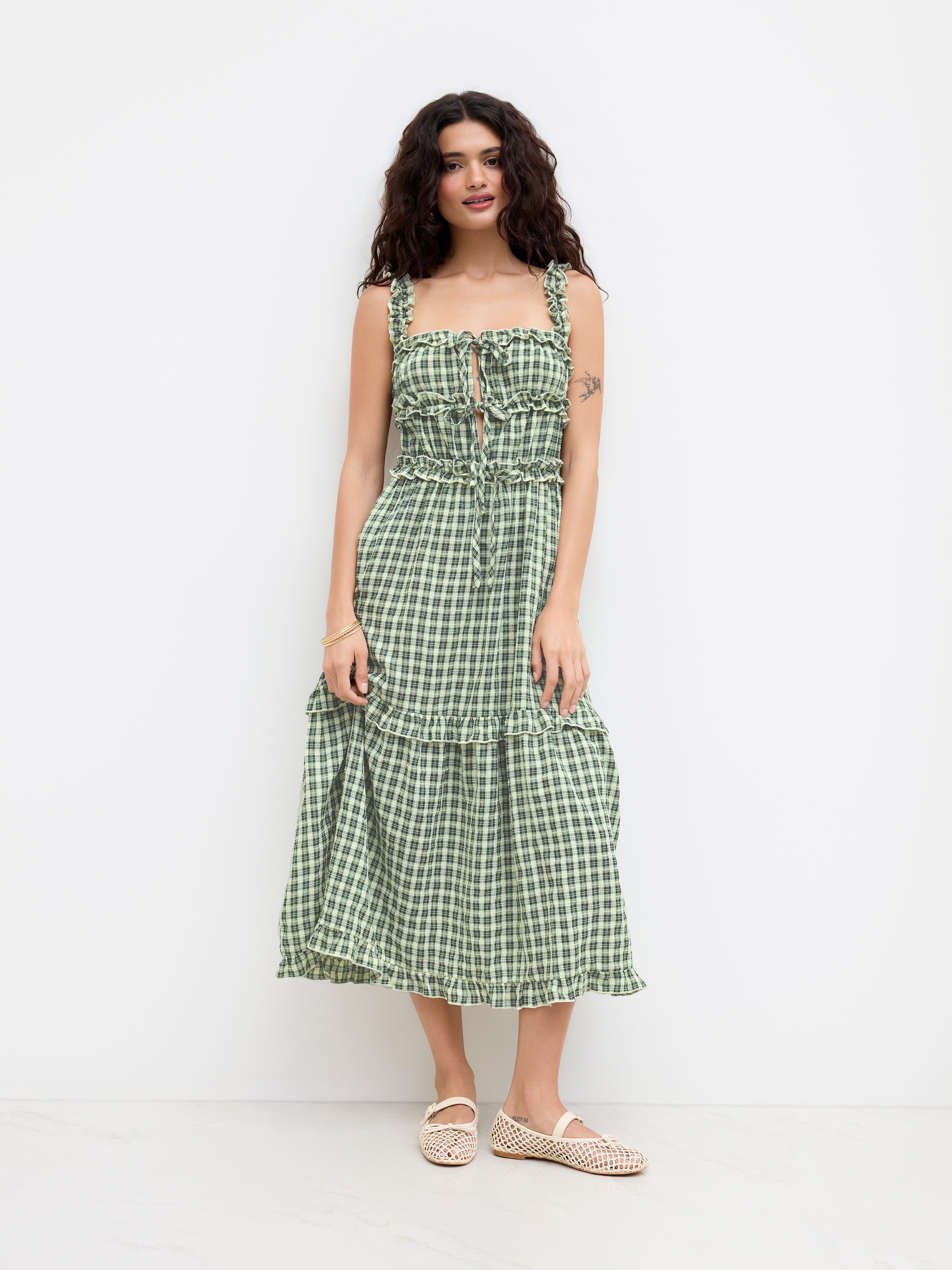 Square Neck Check Lettuce Trim Ruffle Tie Front Maxi Dress